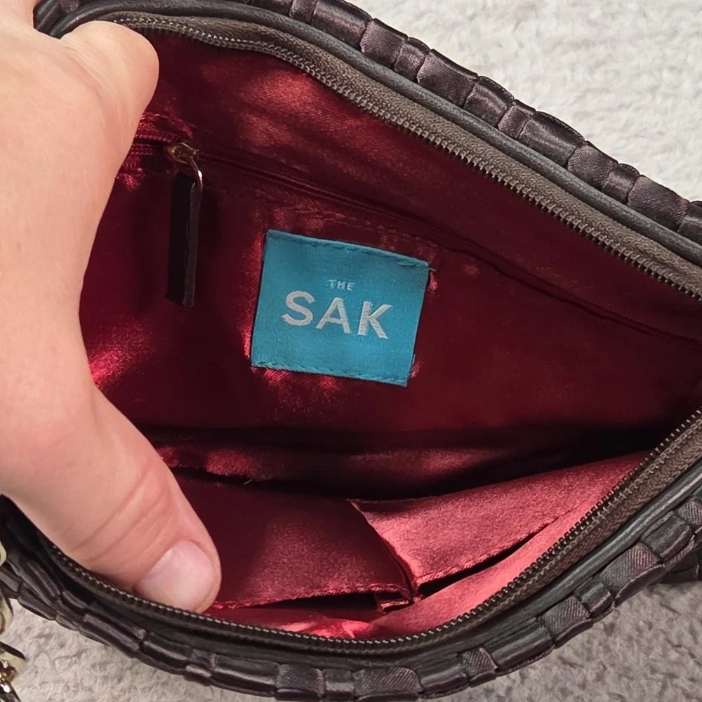 The Sak Woven Satin Baguette Shoulder Bag Breast Cancer Awareness Charm Minimal
